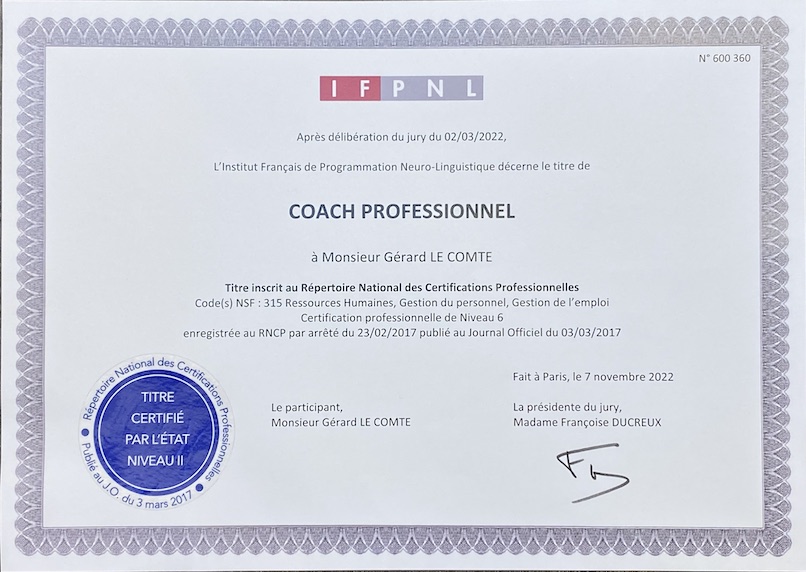 Certificat Coach professionnel inscrit au RNCP